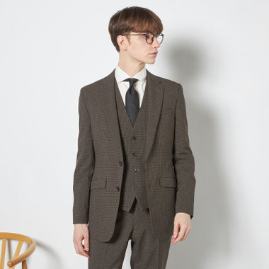 【SLIM TAPERED_2】【春夏】2釦シングルスリーピーススーツ 0タック/ブラウン×チェック/ウエストシャーリング/4S SUSTAINABILITY&ECOLOGY FABRIC/※パンツ裾上げ済仕様