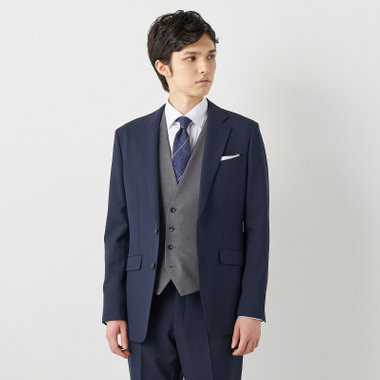 【SLIM TAPERED】【年間】2釦シングルスリーピーススーツ 0タック/ネイビー×ヘリンボーン /ウエストシャーリング/4S TAKE OUT SUITS /リバーシブルベスト（グレー）/※パンツ裾上げ済仕様