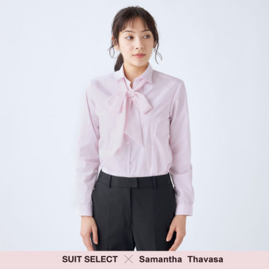 【SUIT SELECT×Samantha Thavasa】【長袖】リボン&フリル取り外しスキッパー/ピンク×ドビーストライプ