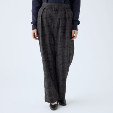 【SL】【秋冬】1タックワイドストレートパンツ/グレー×チェック+ブルーグレー/ウエストシャーリング/RE:NEWOOL/※パンツ裾上げ済仕様