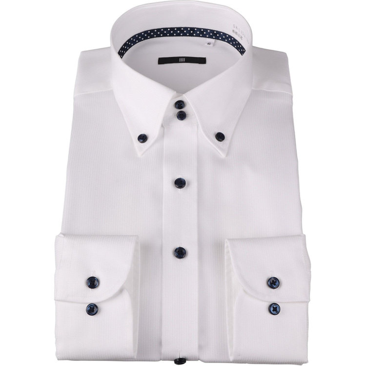 ブラックライン 【WEB限定/OUTLET】【BL】【形態安定】ドゥエボットーニボタンダウンドレスワイシャツ/ホワイト×ドビーストライプ/襟裏テープ：ネイビー×ホワイトドット/釦・釦付糸：ネイビー ホワイト系(白)