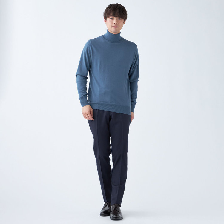 スーツセレクト 【RBC】【秋冬】ウール100％タートルネックニットセーター/ブルー/ZEGNA BARUFFA/マシンウォッシャブル 青中間
