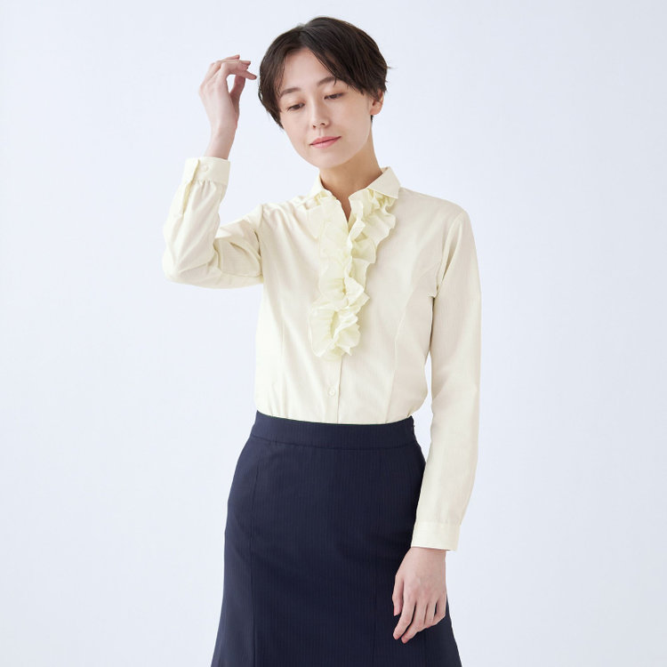 スーツセレクト 【SUIT SELECT×Samantha Thavasa】【長袖】リボン&フリル取り外しスキッパー/イエロー×ドビーストライプ/形態安定 イエロー系(黄)