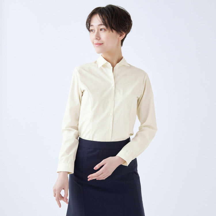 スーツセレクト 【SUIT SELECT×Samantha Thavasa】【長袖】リボン&フリル取り外しスキッパー/イエロー×ドビーストライプ/形態安定 イエロー系(黄)