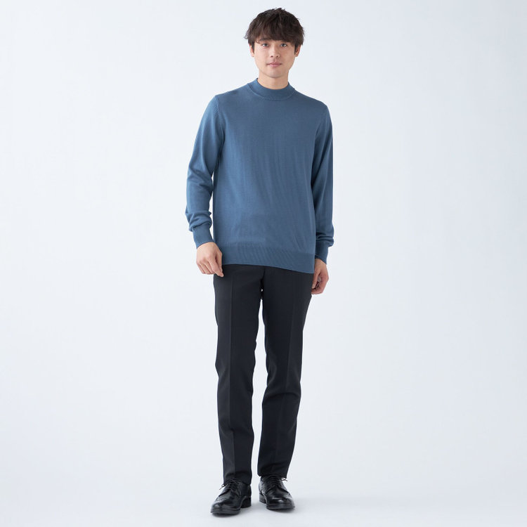スーツセレクト 【発送在庫あり】【RBC】【秋冬】ウール100%モックネックニットセーター/ブルー/ZEGNA BARUFFA/マシンウォッシャブル 青中間