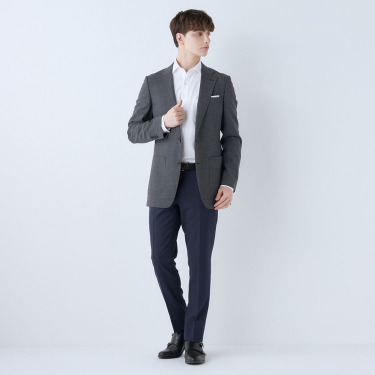 シルバーライン 【4S CROSS】【春夏】セットアップパンツ 0タック/ネイビー×チェック/ウエストムーブ/※裾上げ済仕様 青中間