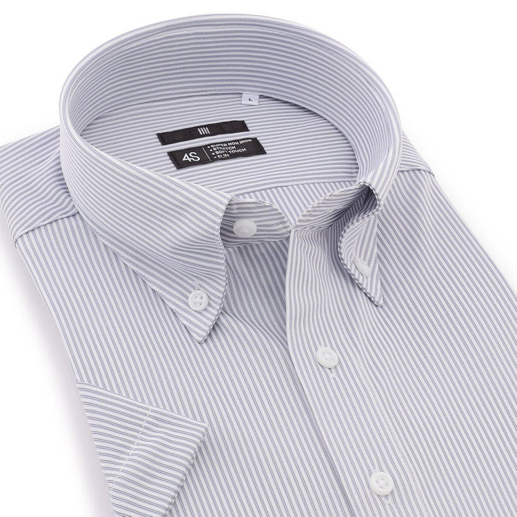 スーツセレクト 【発送在庫あり】【BLACK LINE/半袖】ボタンダウンワイシャツ/グレー＆ホワイト×ストライプ/「4S」スーパーノンアイロン・ストレッチ グレー中間