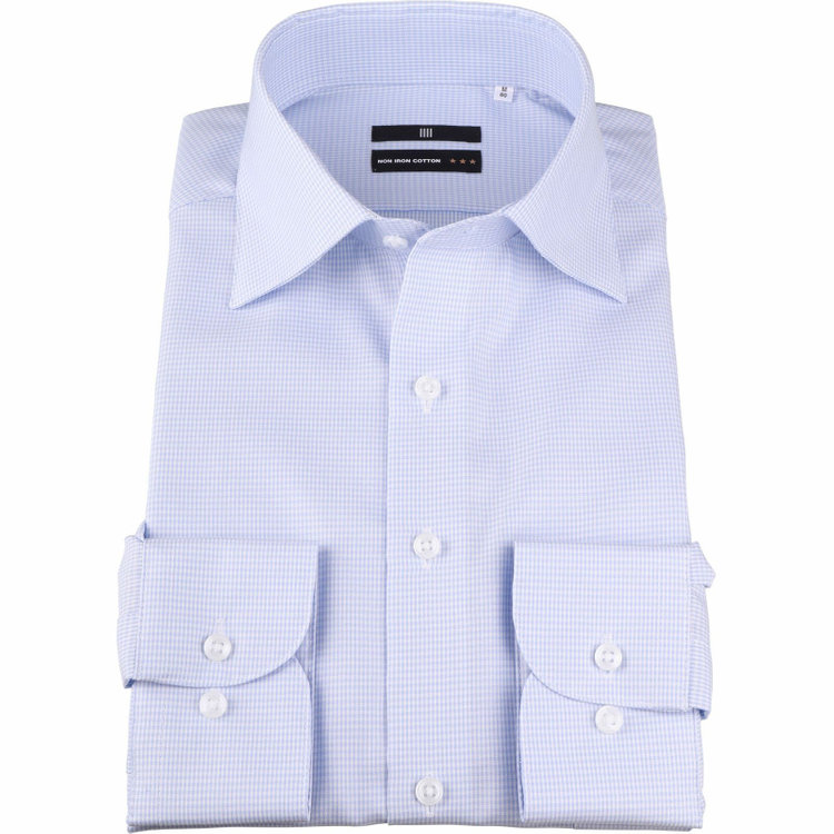 ブラックライン 【BLACK LINE】【形態安定】【ノンアイロン】ワイドカラードレスワイシャツ/ブルー＆ホワイト×チェック/NON IRON COTTON ブルー系(青)
