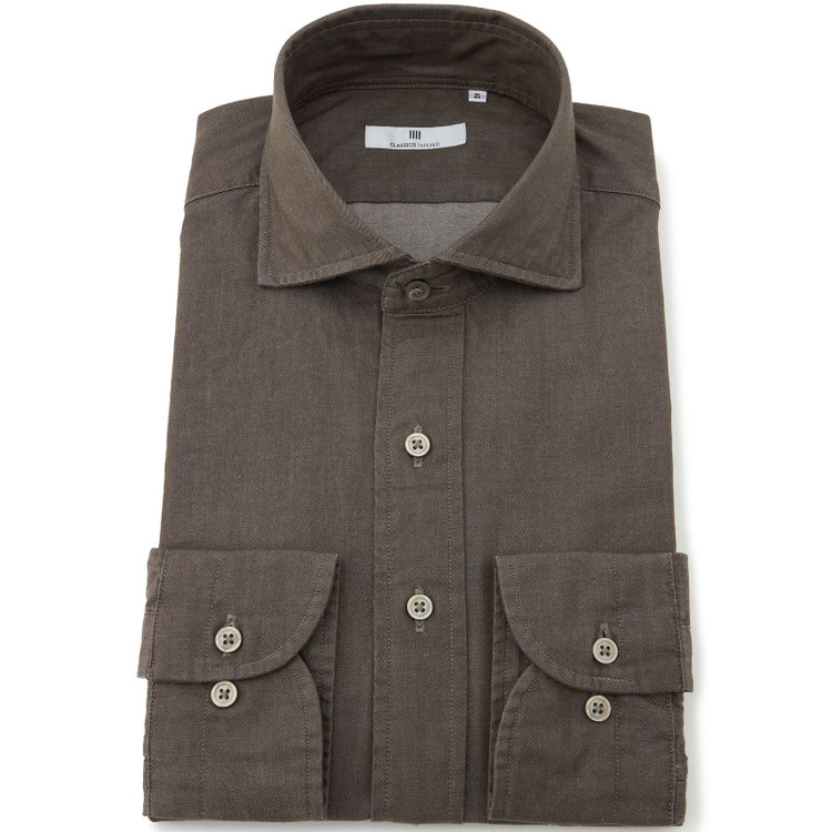 シルバーライン 【発送在庫あり】【CLASSICO TAPERED】ワイドカラーワイシャツ/ブラウン/インディゴ染 茶中間