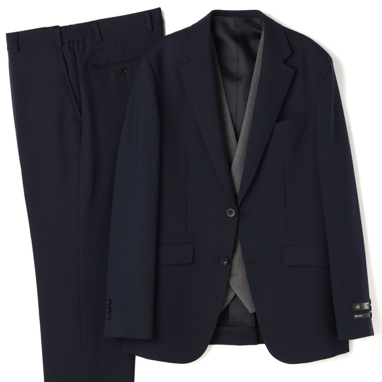 ブラックライン 【SLIM TAPERED】【年間】2釦シングルスリーピーススーツ 0タック/ネイビー×ヘリンボーン /ウエストシャーリング/4S TAKE OUT SUITS /リバーシブルベスト（グレー）/※パンツ裾上げ済仕様 紺中間