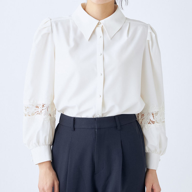 スーツセレクト  【Lady Like BLOUSE】【長袖】袖レース切替えブラウス/クリームホワイト 白