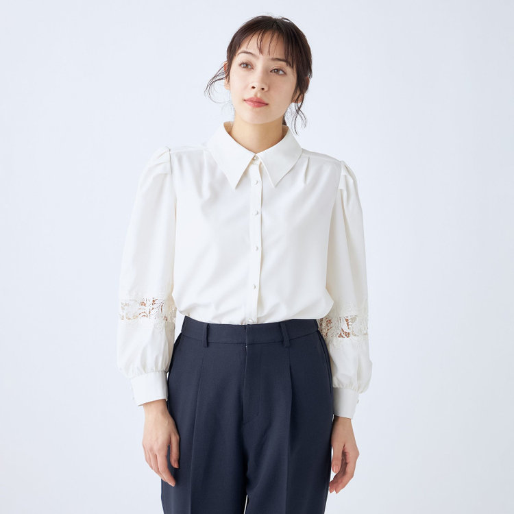 スーツセレクト  【Lady Like BLOUSE】【長袖】袖レース切替えブラウス/クリームホワイト 白