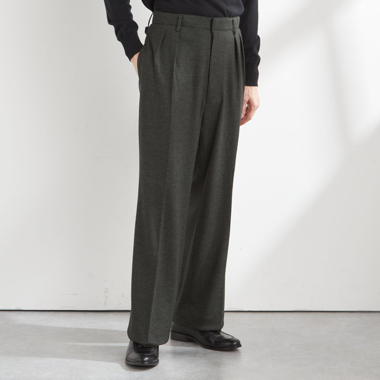【Take.it.easy】2タックワイドパンツ/カーキ×フランネルニット/※裾上げ必要