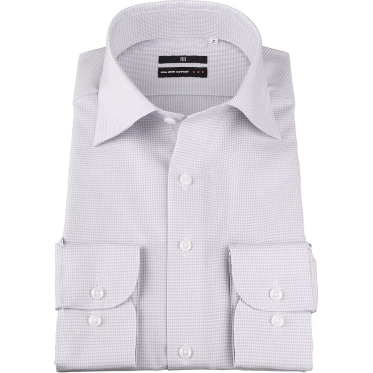 ブラックライン 【BLACK LINE】【形態安定】【ノンアイロン】ワイドカラードレスワイシャツ/グレー＆ホワイト×チェック/NON IRON COTTON グレー系(灰)