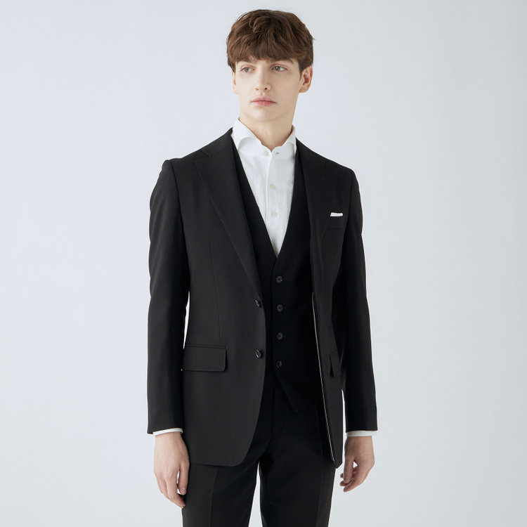 スーツセレクト 【CLASSICO TAPERED】【年間】【フォーマル対応可】2釦シングルスリーピースフォーマルスーツ 1タック/ブラック×ソリッド/※裾上げ必要 黒