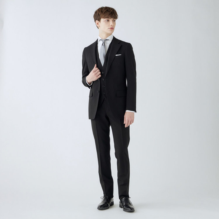 スーツセレクト 【CLASSICO TAPERED】【年間】【フォーマル対応可】2釦シングルスリーピースフォーマルスーツ 1タック/ブラック×ソリッド/※裾上げ必要 黒