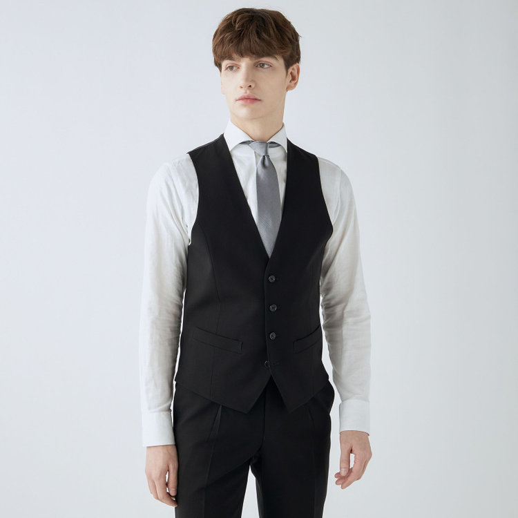 スーツセレクト 【CLASSICO TAPERED】【年間】【フォーマル対応可】2釦シングルスリーピースフォーマルスーツ 1タック/ブラック×ソリッド/※裾上げ必要 黒