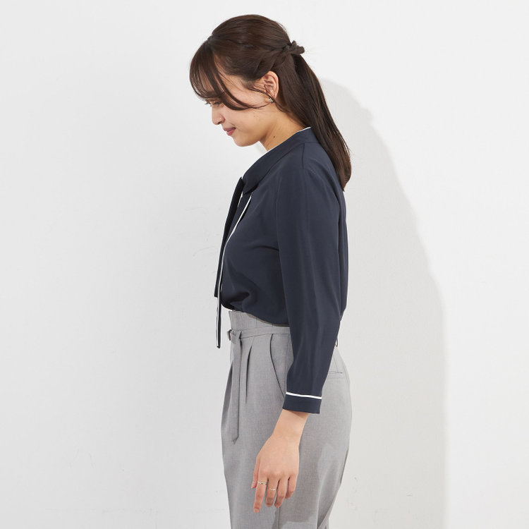 シルバーライン 【SILVER LINE/7分袖】配色ボウタイプルオーバー/ネイビー+ホワイト/「ウォッシャブル」「ストレッチ」「防シワ」「UV加工」「静電気防止」 紺中間