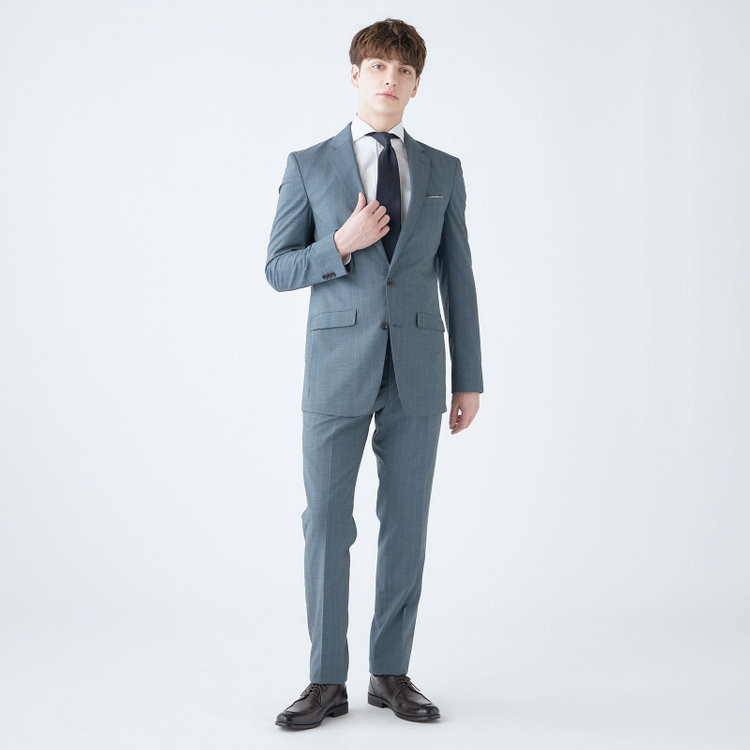 ブラックライン 【SLIM TAPERED_2】【春夏】2釦シングルスーツ 0タック/ブルー×ストライプ/ウエストシャーリング/4S SUSTAINABILITY&ECOLOGY FABRIC/ウォッシャブル/※パンツ裾上げ済仕様 緑中間