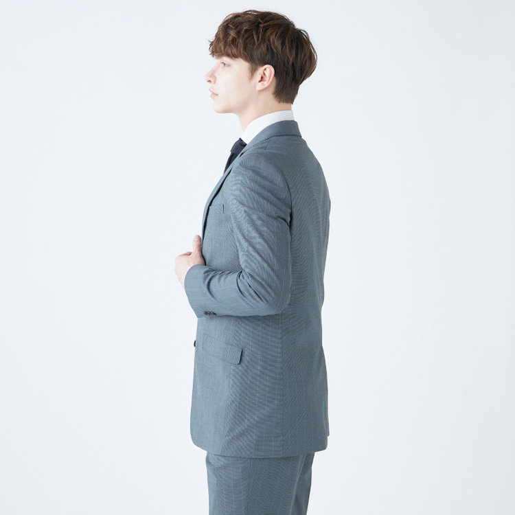 ブラックライン 【SLIM TAPERED_2】【春夏】2釦シングルスーツ 0タック/ブルー×ストライプ/ウエストシャーリング/4S SUSTAINABILITY&ECOLOGY FABRIC/ウォッシャブル/※パンツ裾上げ済仕様 緑中間