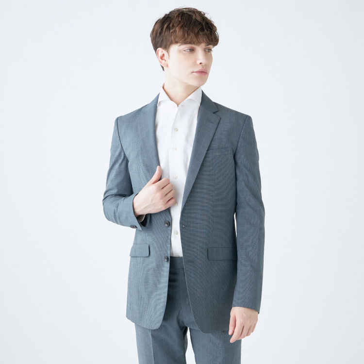 ブラックライン 【SLIM TAPERED_2】【春夏】2釦シングルスーツ 0タック/ブルー×ストライプ/ウエストシャーリング/4S SUSTAINABILITY&ECOLOGY FABRIC/ウォッシャブル/※パンツ裾上げ済仕様 緑中間