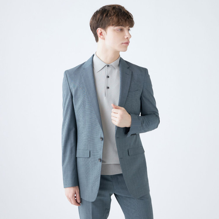 ブラックライン 【SLIM TAPERED_2】【春夏】2釦シングルスーツ 0タック/ブルー×ストライプ/ウエストシャーリング/4S SUSTAINABILITY&ECOLOGY FABRIC/ウォッシャブル/※パンツ裾上げ済仕様 緑中間