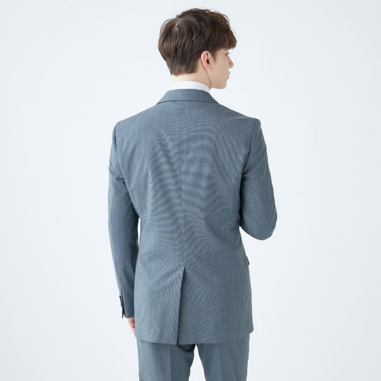 ブラックライン 【SLIM TAPERED_2】【春夏】2釦シングルスーツ 0タック/ブルー×ストライプ/ウエストシャーリング/4S SUSTAINABILITY&ECOLOGY FABRIC/ウォッシャブル/※パンツ裾上げ済仕様 緑中間