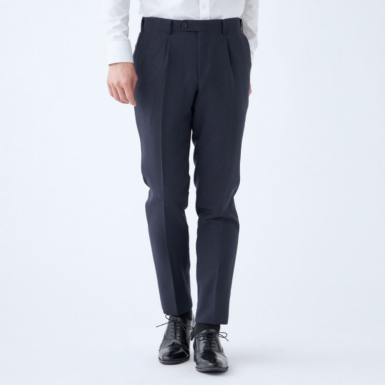シルバーライン 【CLASSICO TAPERED】【秋冬】2釦シングルスーツ 1タックテーパードパンツ/ネイビー&ブラック×ハウンドトゥース/ウエストムーブ/4S SUSTAINABILITY&ECOLOGY FABRIC/※パンツ裾上げ済仕様 紺中間