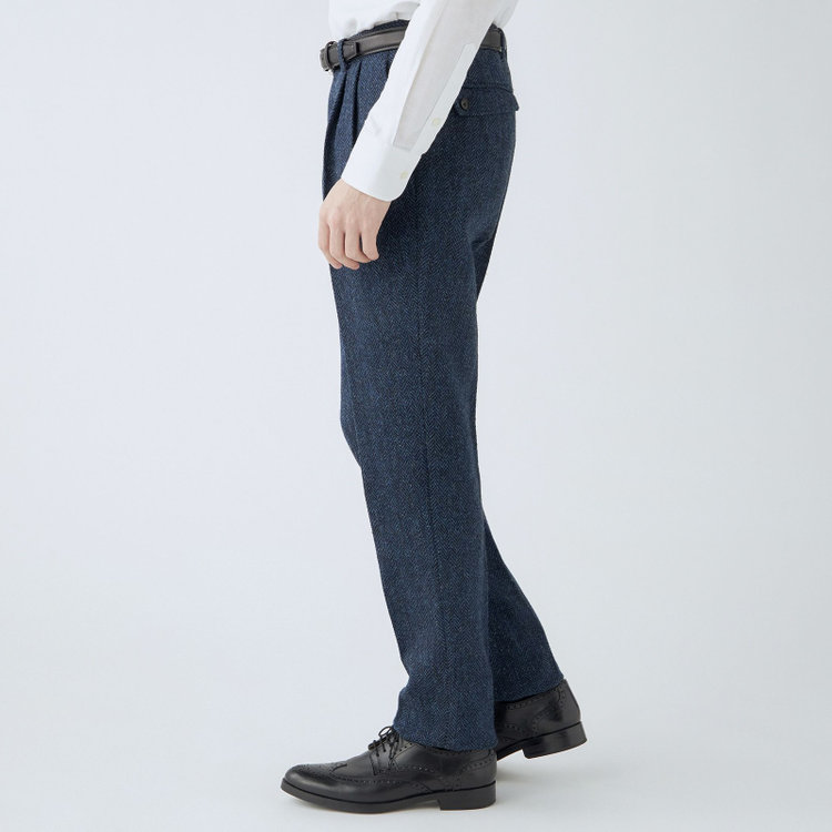シルバーライン 【CLASSICO TAPERED】【秋冬】ウールテーパードパンツ 2タック/ネイビー×チェック+ツイード/Harris Tweed hand woven in the outer hebrides of scotland/※裾上げ必要 青中間