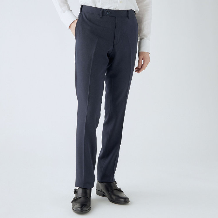 ブラックライン 【SLIM TAPERED】【秋冬】【4S】ポリエステルパンツ 0タック/ネイビー/ウォッシャブル素材/ストレッチ/スーパーノンアイロン/ウエストムーブ仕様/※裾上げ必要 紺中間