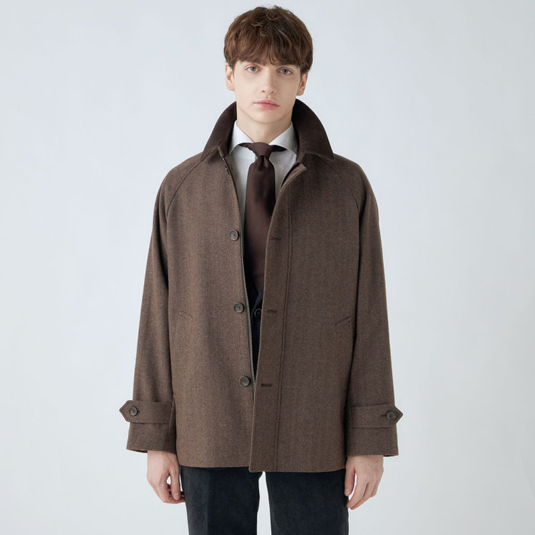 シルバーライン 【発送在庫あり】【SL】ウールブレンドデュアリティショートコート/ベージュ＆ブラウン×チェック/140S BLENDED EXTRA FINE MERINO WOOL 黄淡色