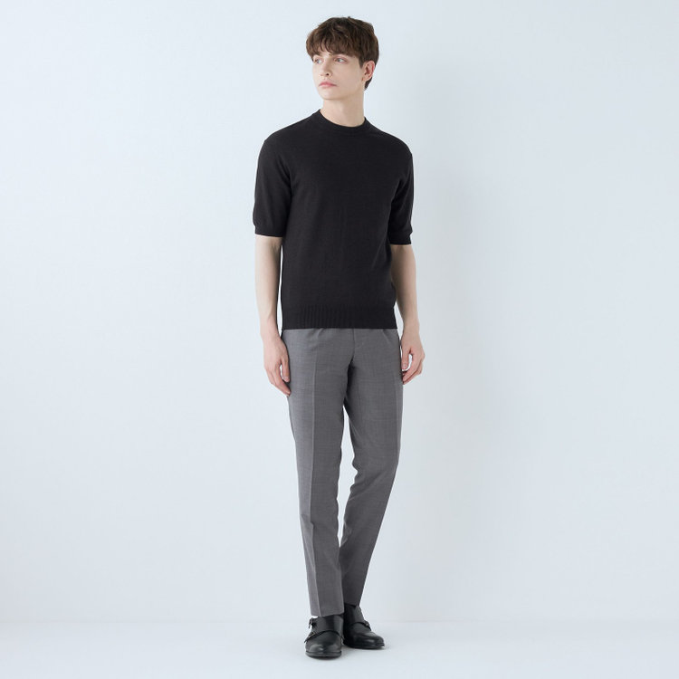 スーツセレクト 【RBC】【半袖】和紙コットンブレンドクルーネックニットシャツ/ブラック 黒