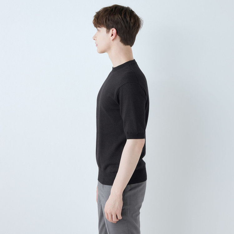 スーツセレクト 【RBC】【半袖】和紙コットンブレンドクルーネックニットシャツ/ブラック 黒