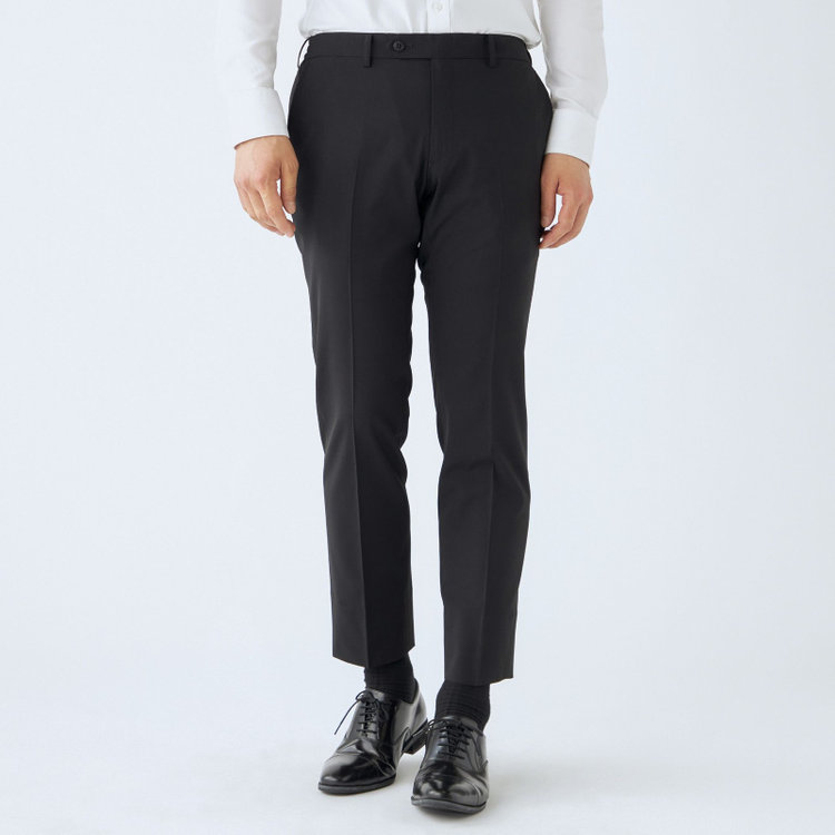 ブラックライン 【発送在庫あり】【SLIM TAPERED】【春夏】4S 0タックテーパードパンツ/ブラック×シャドーストライプ/ウエストシャーリング仕様/ウォッシャブル/※裾上げ済仕様 黒