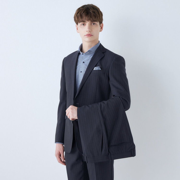 ブラックライン 【KSW】【春夏】スペアパンツ付き/2釦シングルスーツ 0タック/ネイビー×ストライプ/WASHABLE SUIT/※パンツ裾直し必要 紺中間