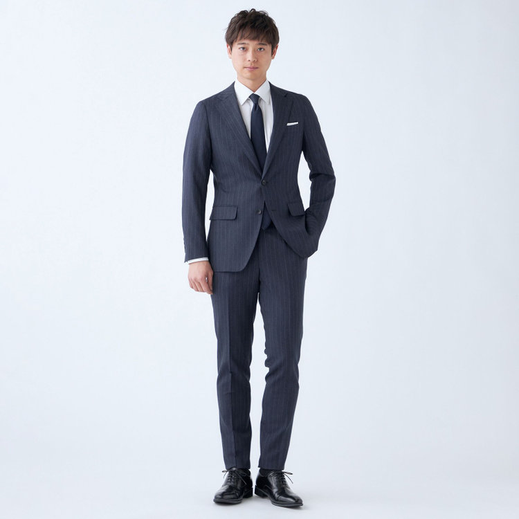 シルバーライン 【発送在庫あり】【CLASSICO TAPERED】【秋冬】2釦シングルスーツ 1タック/ネイビー×ストライプ/REDA ACTIVE/NEW ZEALAND MERINO/SHOWER CLEAN/※裾上げ必要 紺濃色
