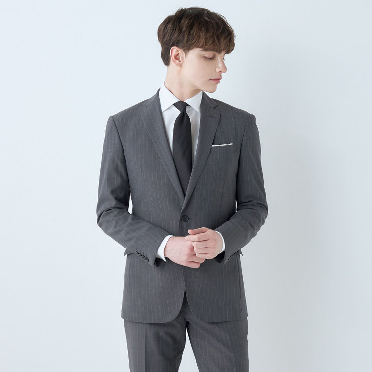 ブラックライン 【KSW】【春夏】スペアパンツ付き/2釦シングルスーツ 0タック/グレー×ストライプ/WASHABLE SUIT/※パンツ裾直し必要 グレー中間