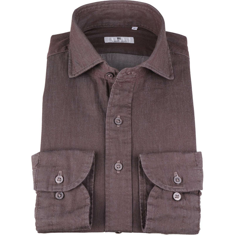スーツセレクト 【発送在庫あり】【CLASSICO TAPERED】ホリゾンタルワイドカラードレスワイシャツ/ブラウン/インディゴ染 ブラウン系(茶)