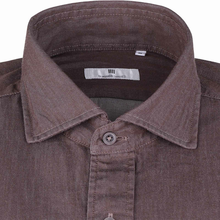 スーツセレクト 【発送在庫あり】【CLASSICO TAPERED】ホリゾンタルワイドカラードレスワイシャツ/ブラウン/インディゴ染 ブラウン系(茶)