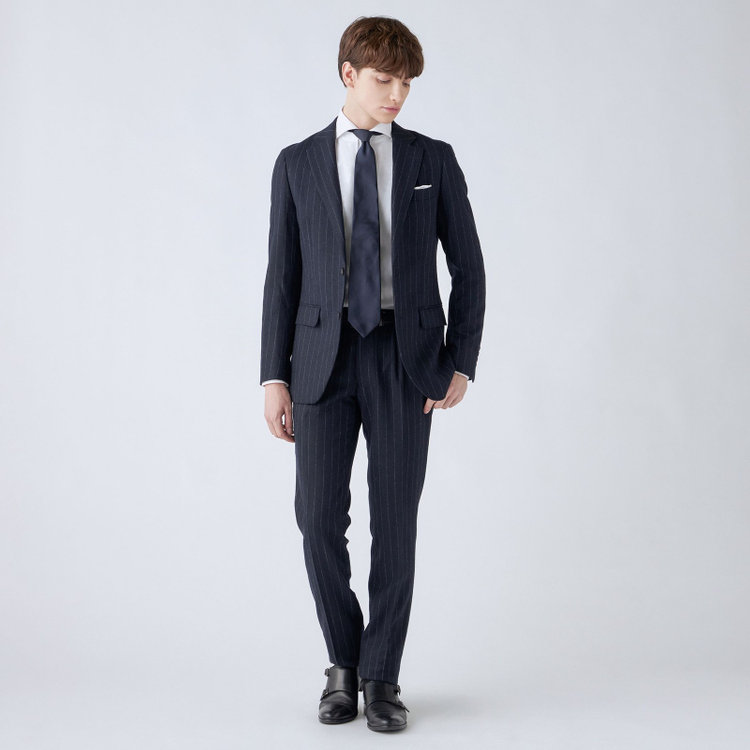 シルバーライン 【発送在庫あり】【CLASSICO TAPERED】【秋冬】2釦シングルスーツ 1タック/ネイビーストライプ/RE:NEWOOL/※裾上げ必要 紺中間