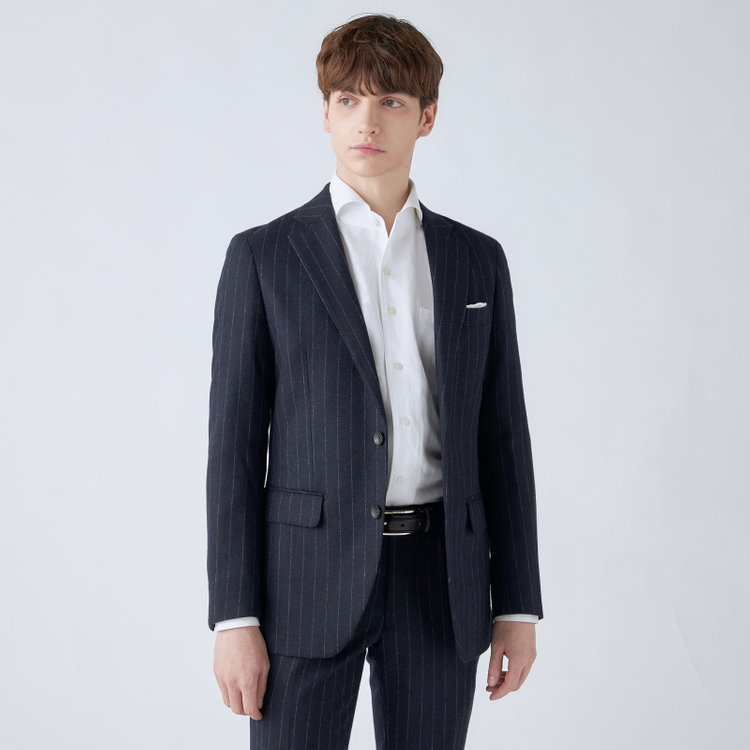 シルバーライン 【発送在庫あり】【CLASSICO TAPERED】【秋冬】2釦シングルスーツ 1タック/ネイビーストライプ/RE:NEWOOL/※裾上げ必要 紺中間