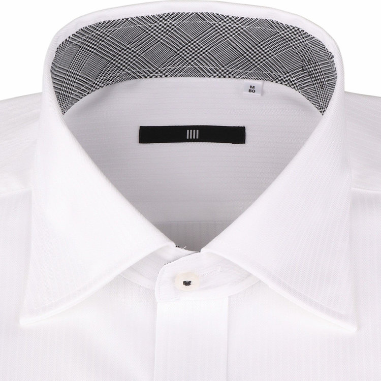 ブラックライン 【発送在庫あり】【BL】【形態安定】ワイドカラードレスワイシャツ/ホワイト×ドビーストライプ/襟袖裏別布：グレンチェック/釦付糸：ブラック ホワイト系(白)