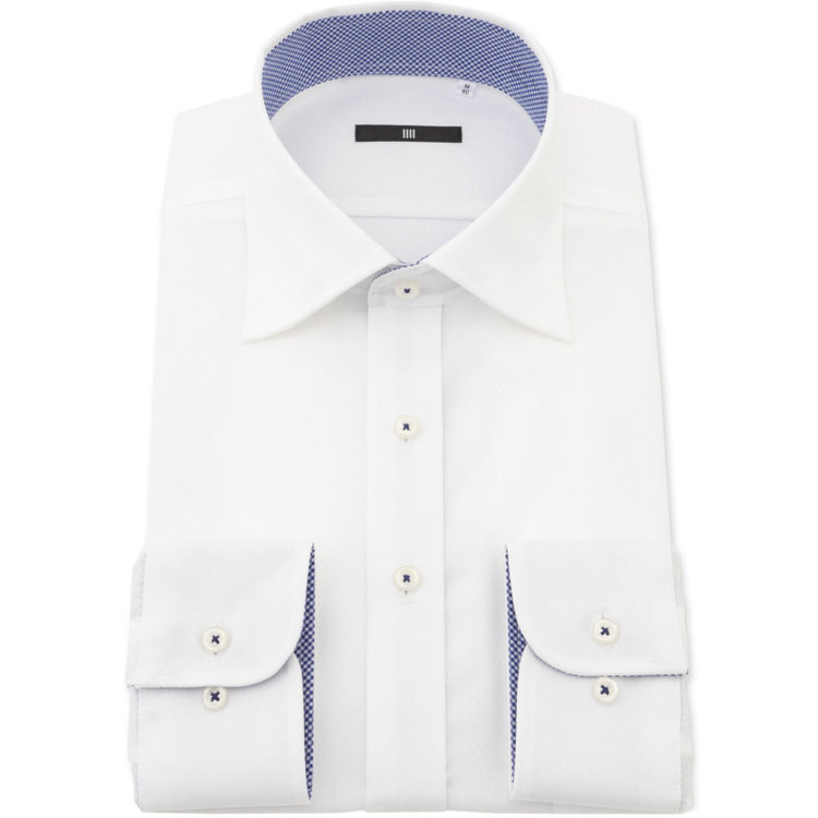 SUIT SELECT　アウトレット 【WEB限定/OUTLET/汚れ・キズ等有】【BL-3】【形態安定】ワイドカラードレスワイシャツ/ホワイト×ドビー/襟袖裏別布：ネイビーチェック/釦付け糸：ネイビー 白