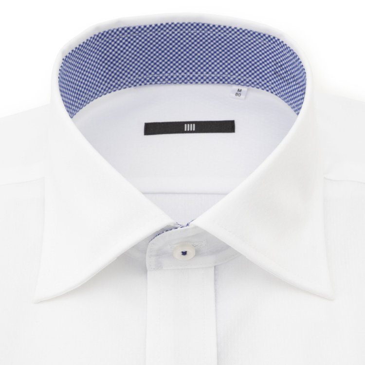SUIT SELECT　アウトレット 【WEB限定/OUTLET/汚れ・キズ等有】【BL-3】【形態安定】ワイドカラードレスワイシャツ/ホワイト×ドビー/襟袖裏別布：ネイビーチェック/釦付け糸：ネイビー 白