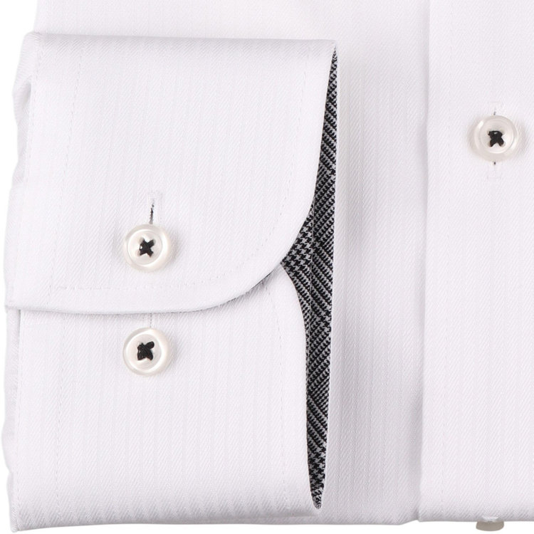 ブラックライン 【発送在庫あり】【BL】【形態安定】ワイドカラードレスワイシャツ/ホワイト×ドビーストライプ/襟袖裏別布：グレンチェック/釦付糸：ブラック ホワイト系(白)