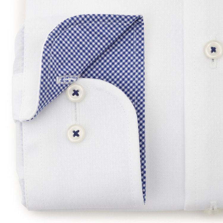 SUIT SELECT　アウトレット 【WEB限定/OUTLET/汚れ・キズ等有】【BL-3】【形態安定】ワイドカラードレスワイシャツ/ホワイト×ドビー/襟袖裏別布：ネイビーチェック/釦付け糸：ネイビー 白