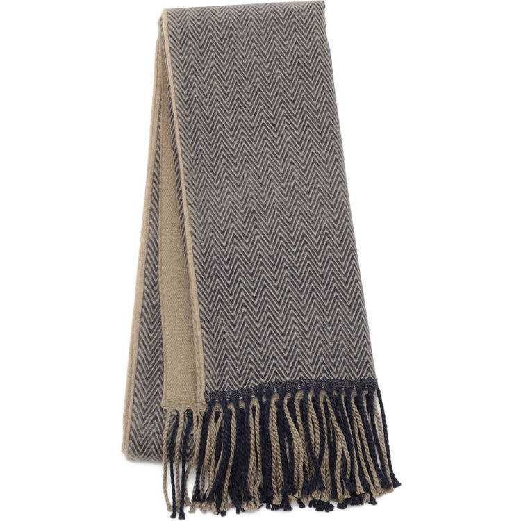 スーツセレクト ウールブレンド大判マフラー/サンドブラウン＆ネイビー×ヘリンボーン/70cm×190cm 茶淡色