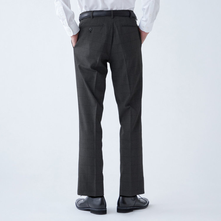 ブラックライン 【SLIM TAPERED】【秋冬】ポリエステル0タックテーパードパンツ/グレー×ウィンドペン/ウエストムーブ/ウォッシャブル/4S SUSTAINABILITY&ECOLOGY FABRIC/裾上げ済み仕様 グレー中間