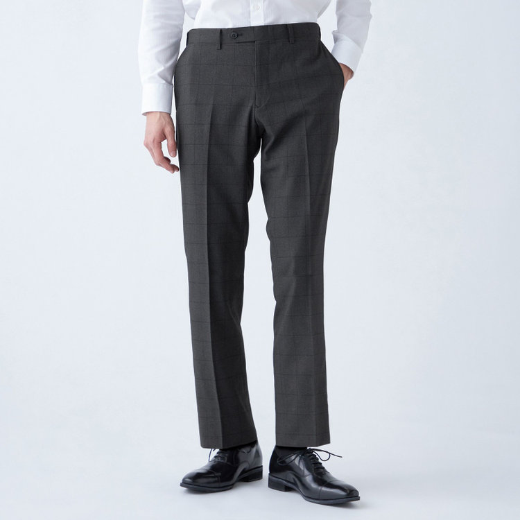 ブラックライン 【SLIM TAPERED】【秋冬】ポリエステル0タックテーパードパンツ/グレー×ウィンドペン/ウエストムーブ/ウォッシャブル/4S SUSTAINABILITY&ECOLOGY FABRIC/裾上げ済み仕様 グレー中間