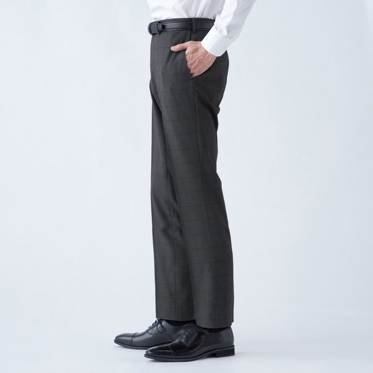 ブラックライン 【SLIM TAPERED】【秋冬】ポリエステル0タックテーパードパンツ/グレー×ウィンドペン/ウエストムーブ/ウォッシャブル/4S SUSTAINABILITY&ECOLOGY FABRIC/裾上げ済み仕様 グレー中間